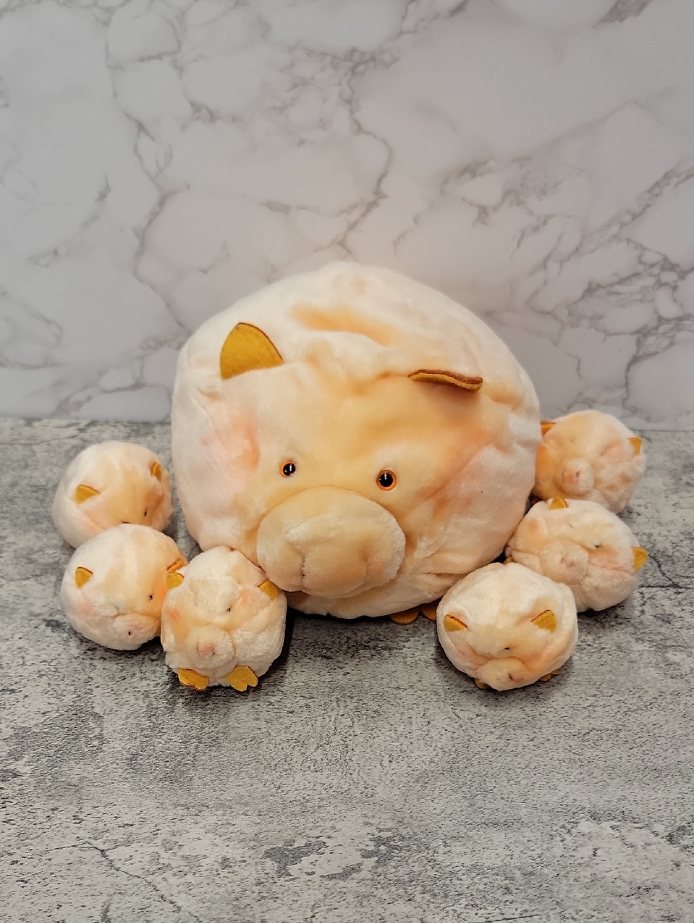 Vintage Round Mother Pig Plush With Six Baby Pigs